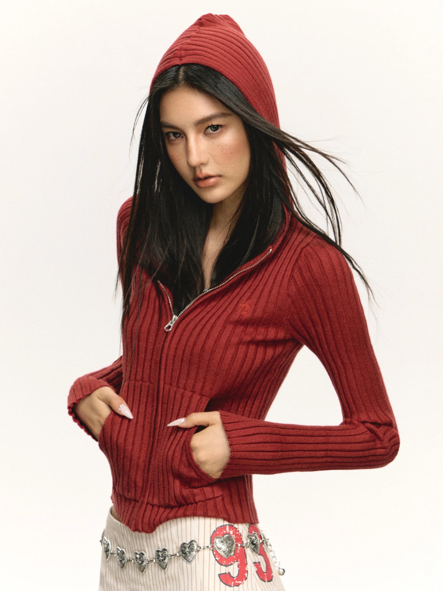 Ariseism American retro high-end long-sleeved hooded knitted cardigan women's autumn and winter new slim top