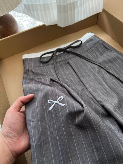 Very suitable for girls! Retro style bow embroidered striped suit pants spring American drape straight pants