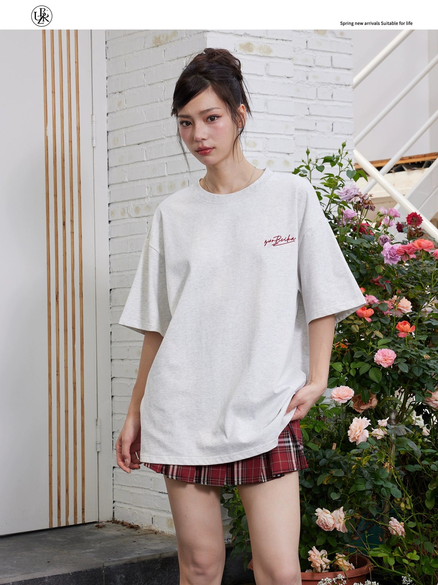 Beikastudios floral gray short-sleeved T-shirt women's summer new loose heavyweight 260G pure cotton embroidered half-sleeved tee