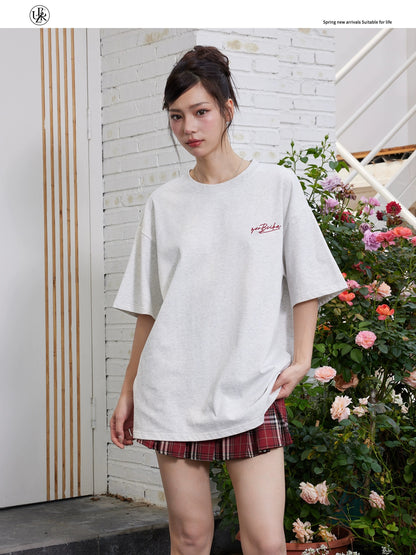 Beikastudios floral gray short-sleeved T-shirt women's summer new loose heavyweight 260G pure cotton embroidered half-sleeved tee