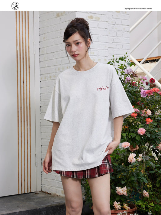 Beikastudios floral gray short-sleeved T-shirt women's summer new loose heavyweight 260G pure cotton embroidered half-sleeved tee