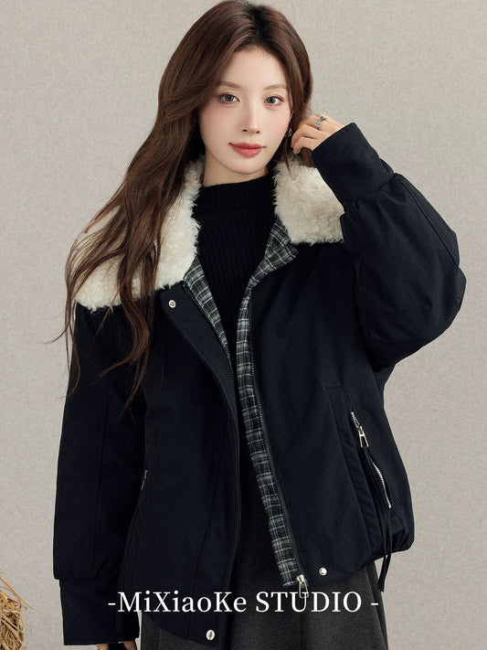 Mi Xiaoke American Retro Style Fur Collar Short Jacket Women's 2025 Autumn and Winter Warm Petite Black Cotton-padded Top