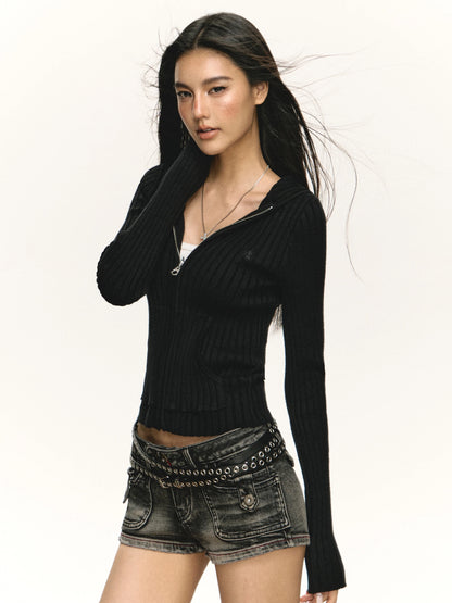 Ariseism American retro high-end long-sleeved hooded knitted cardigan women's autumn and winter new slim top