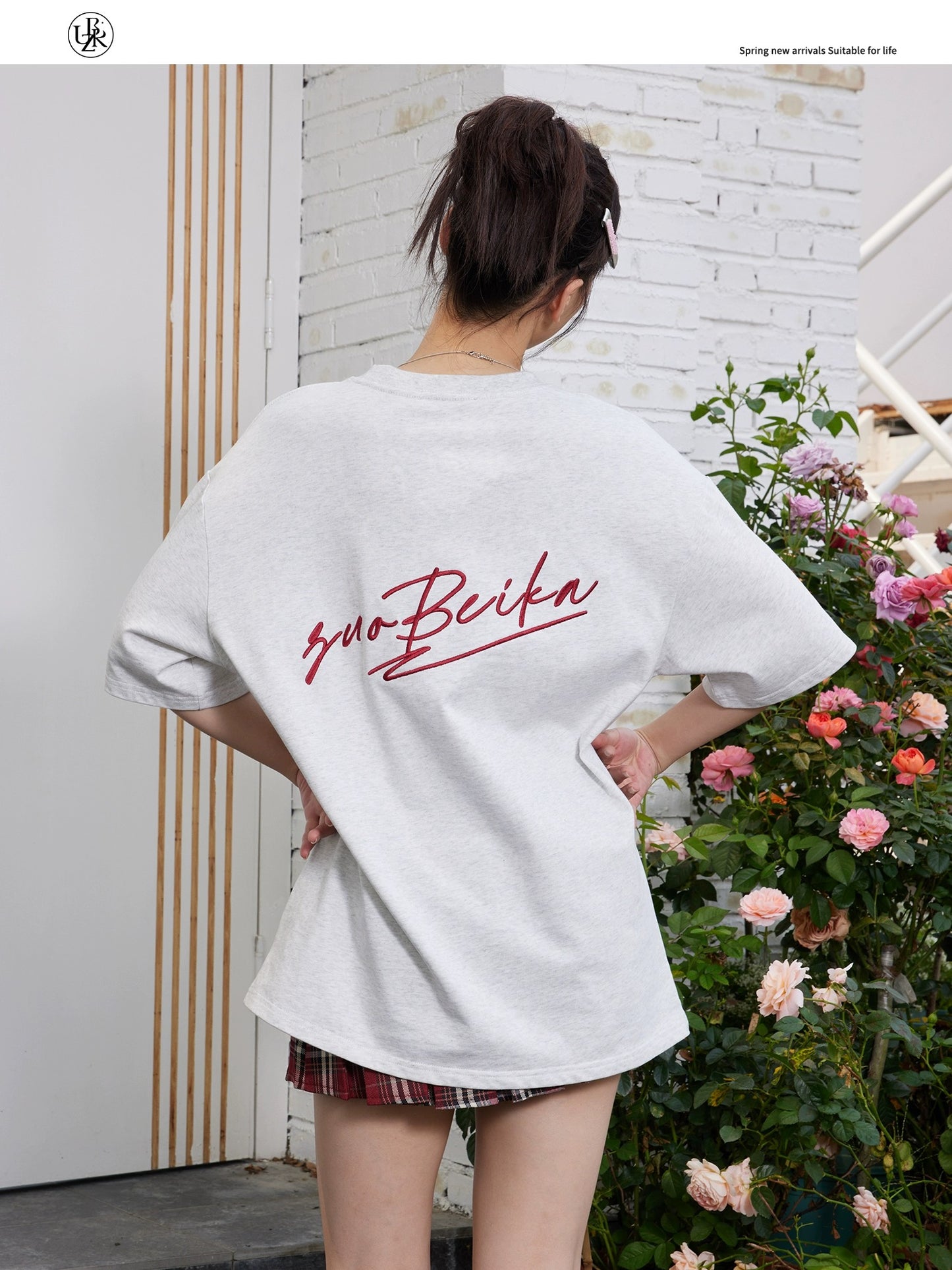 Beikastudios floral gray short-sleeved T-shirt women's summer new loose heavyweight 260G pure cotton embroidered half-sleeved tee