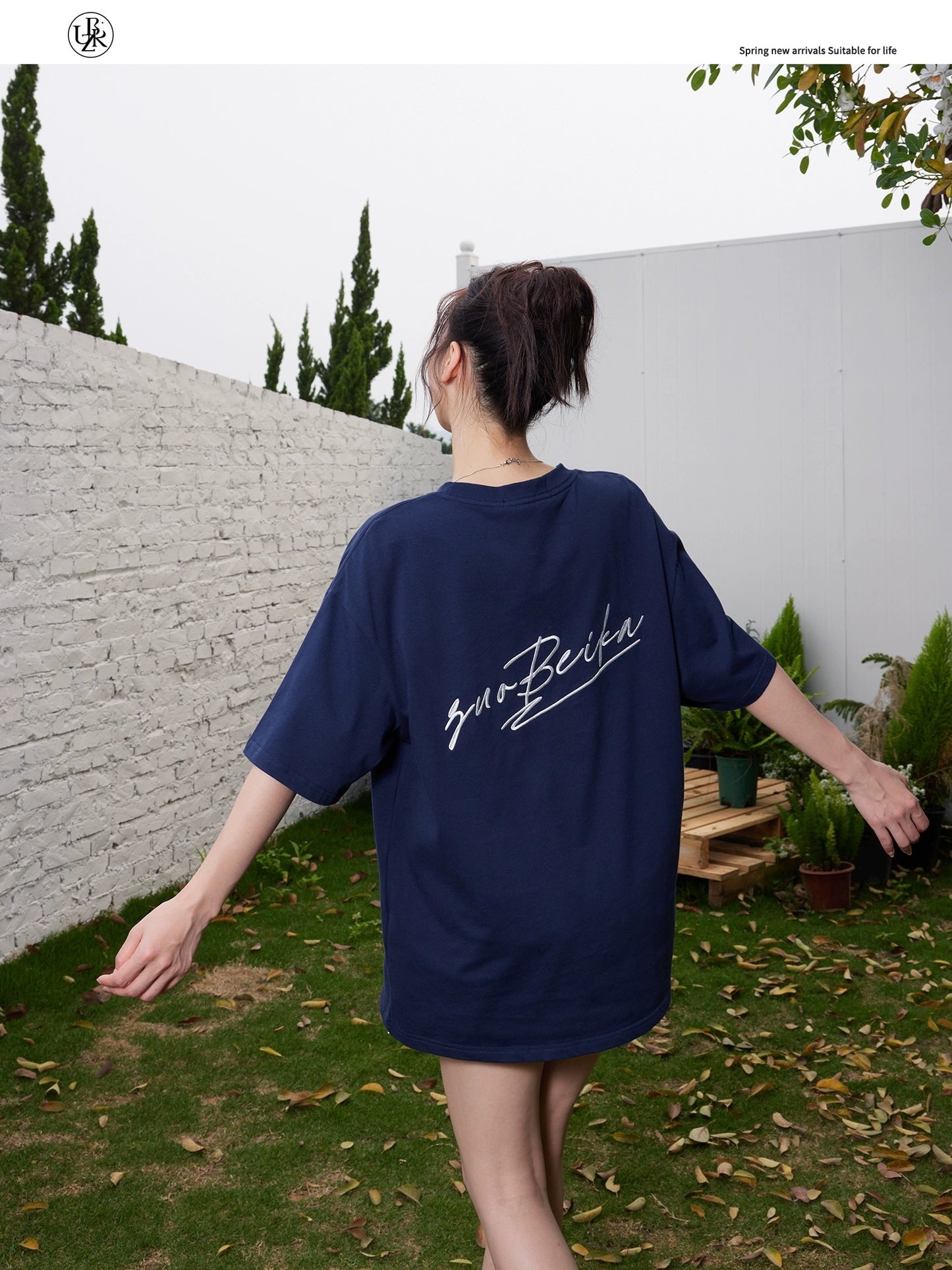 Beikastudios floral gray short-sleeved T-shirt women's summer new loose heavyweight 260G pure cotton embroidered half-sleeved tee