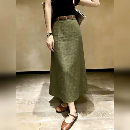 Women’s High-Waisted Midi Skirt – Vintage-Style, Slimming, Elegant Green Straight-Cut Skirt for Work/Commuting (2026 Autumn New Arrival)