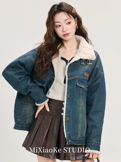 Mi Xiaoke's High-End Retro Lambswool Denim Jacket for Women, Winter Mid-Length Casual Thickened Jacket/Park
