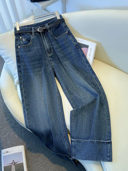 Retro high waist Tencel wide leg jeans women 2025 summer new thin drape ice silk nine-point straight pants
