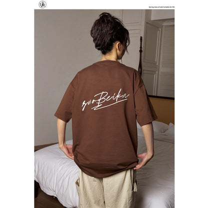 Beikastudios floral gray short-sleeved T-shirt women's summer new loose heavyweight 260G pure cotton embroidered half-sleeved tee