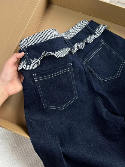 The upper body looks slim! American retro fake two-piece lace design jeans for women autumn versatile straight trousers