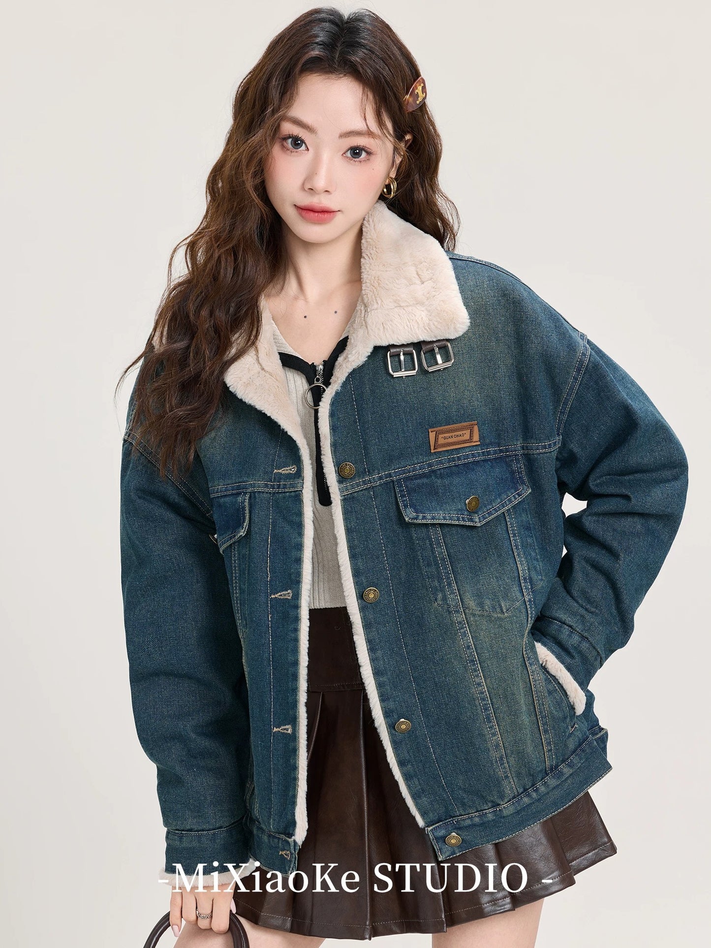 Mi Xiaoke's High-End Retro Lambswool Denim Jacket for Women, Winter Mid-Length Casual Thickened Jacket/Park