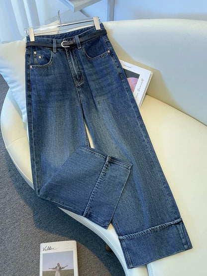 Retro high waist Tencel wide leg jeans women 2025 summer new thin drape ice silk nine-point straight pants