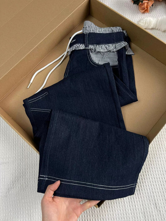 The upper body looks slim! American retro fake two-piece lace design jeans for women autumn versatile straight trousers