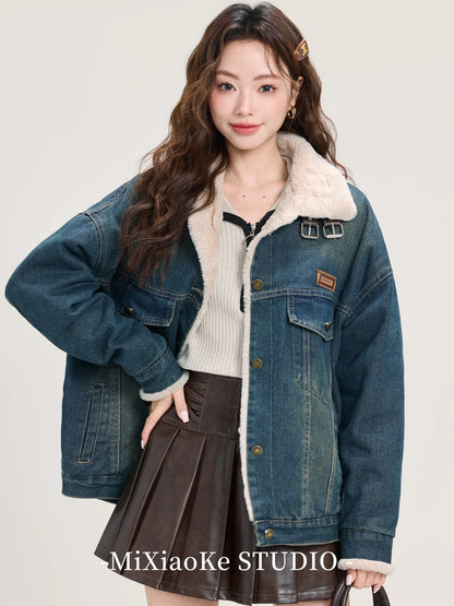Mi Xiaoke's High-End Retro Lambswool Denim Jacket for Women, Winter Mid-Length Casual Thickened Jacket/Park