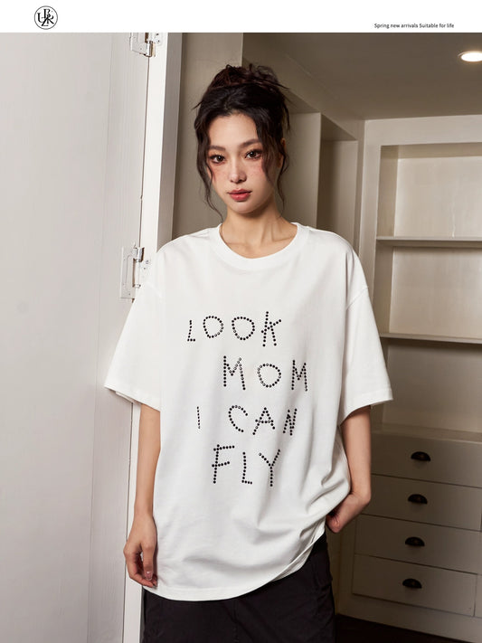 Beikastudios white T-shirt women's short-sleeved summer hot diamond letter print American loose cotton round neck half-sleeved T-shirt