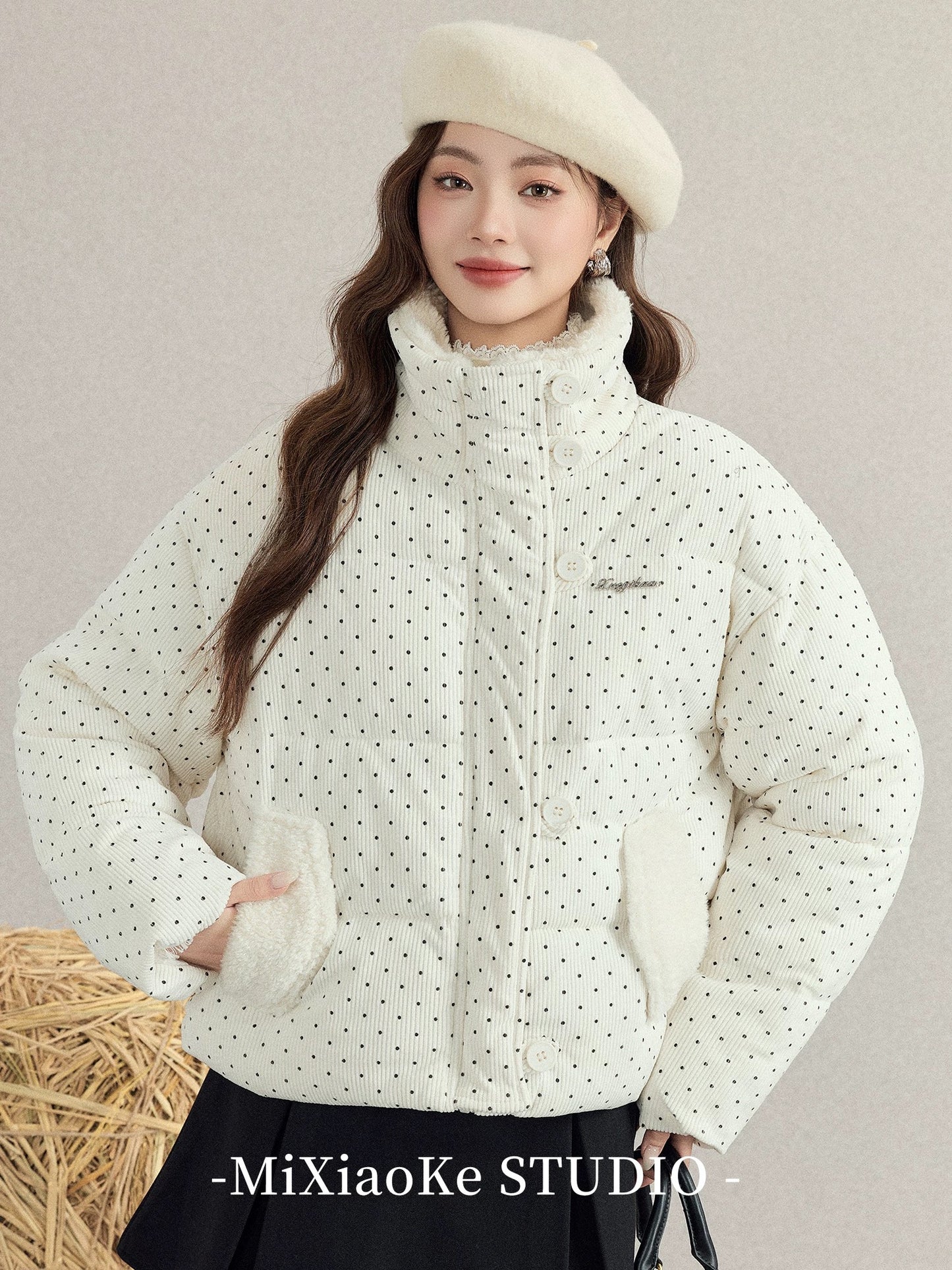 Mi Xiaoke White Polka Dot Stand Collar Warm Cotton-padded Jacket Women's 2025 New Autumn and Winter Thickened Bread Cotton-padded Jacket