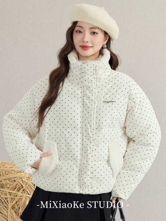 Mi Xiaoke White Polka Dot Stand Collar Warm Cotton-padded Jacket Women's 2025 New Autumn and Winter Thickened Bread Cotton-padded Jacket