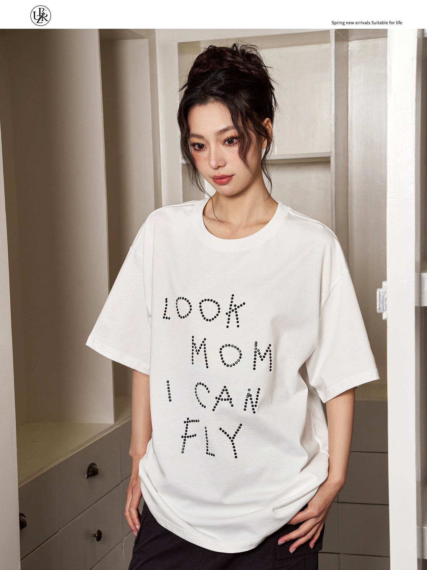 Beikastudios white T-shirt women's short-sleeved summer hot diamond letter print American loose cotton round neck half-sleeved T-shirt