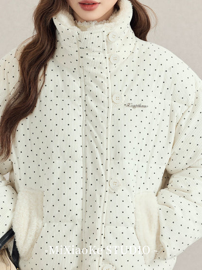 Mi Xiaoke White Polka Dot Stand Collar Warm Cotton-padded Jacket Women's 2025 New Autumn and Winter Thickened Bread Cotton-padded Jacket