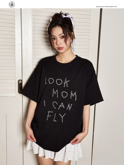 Beikastudios white T-shirt women's short-sleeved summer hot diamond letter print American loose cotton round neck half-sleeved T-shirt
