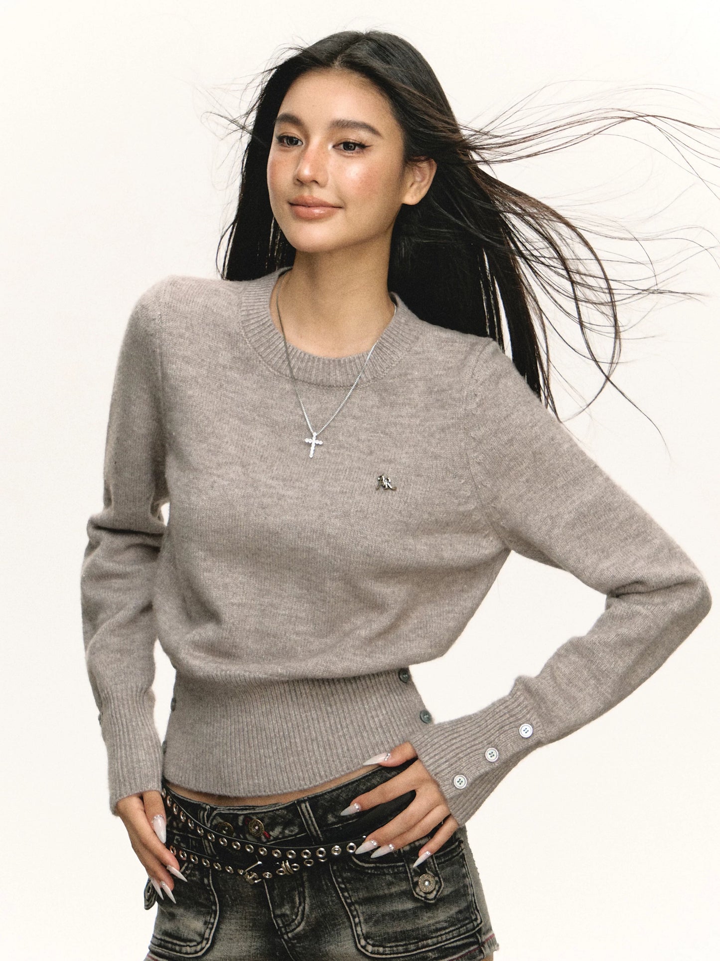 Ariseism round neck short long sleeve sweater women's autumn and winter new inner top slim sweater bottoming shirt