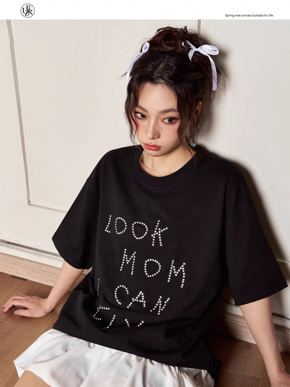 Beikastudios white T-shirt women's short-sleeved summer hot diamond letter print American loose cotton round neck half-sleeved T-shirt