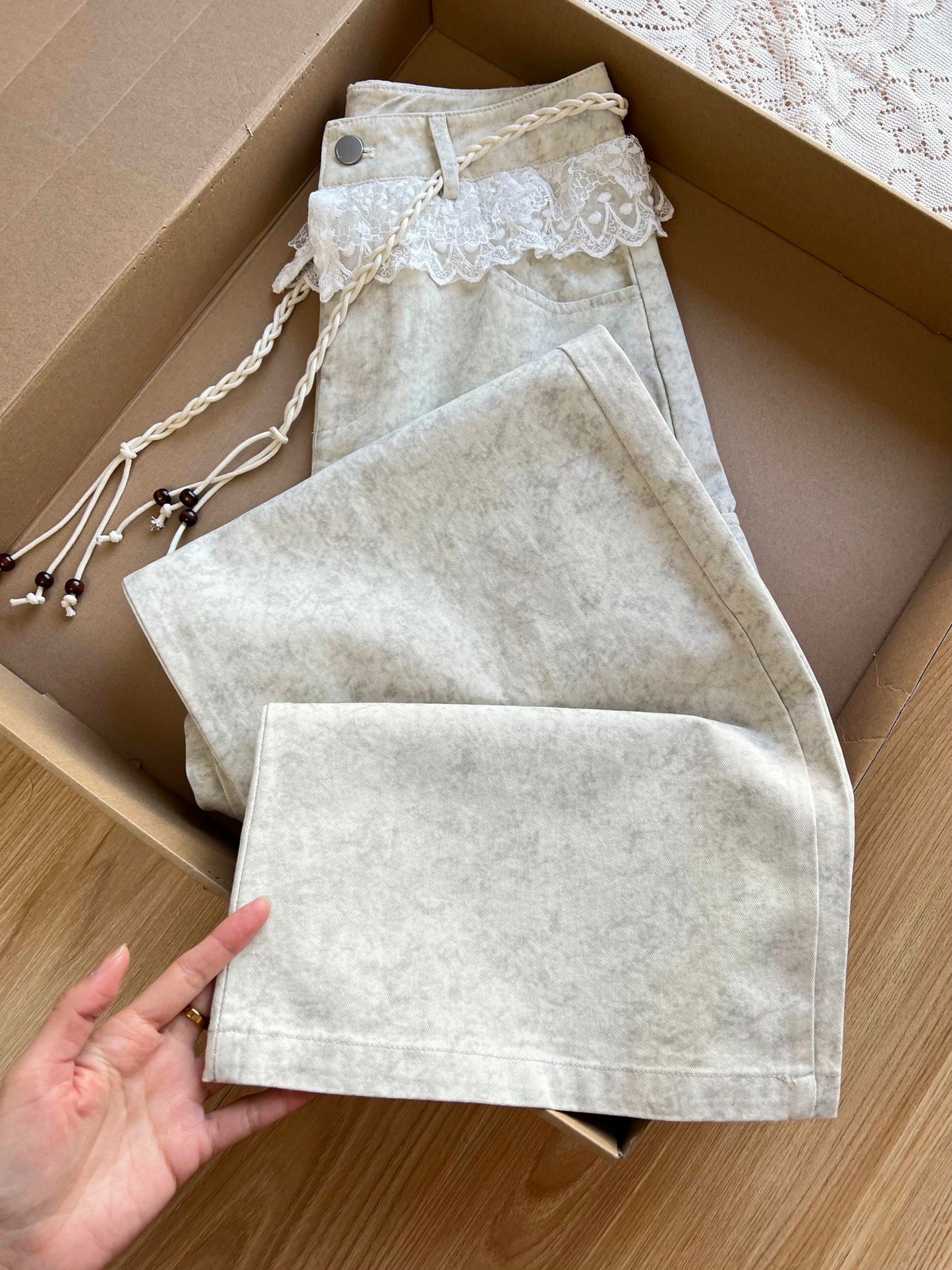 Sexy and versatile! American design lace patchwork jeans for women, spring versatile loose drape wide-leg trousers