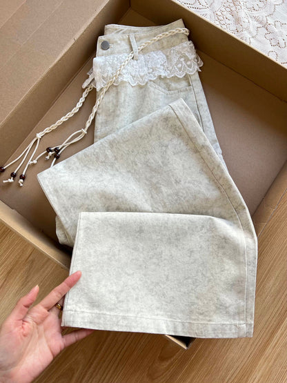 Sexy and versatile! American design lace patchwork jeans for women, spring versatile loose drape wide-leg trousers