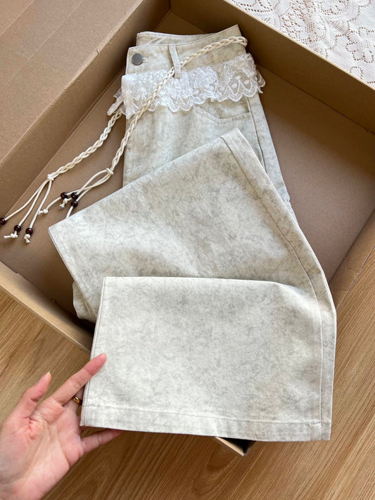 Sexy and versatile! American design lace patchwork jeans for women, spring versatile loose drape wide-leg trousers