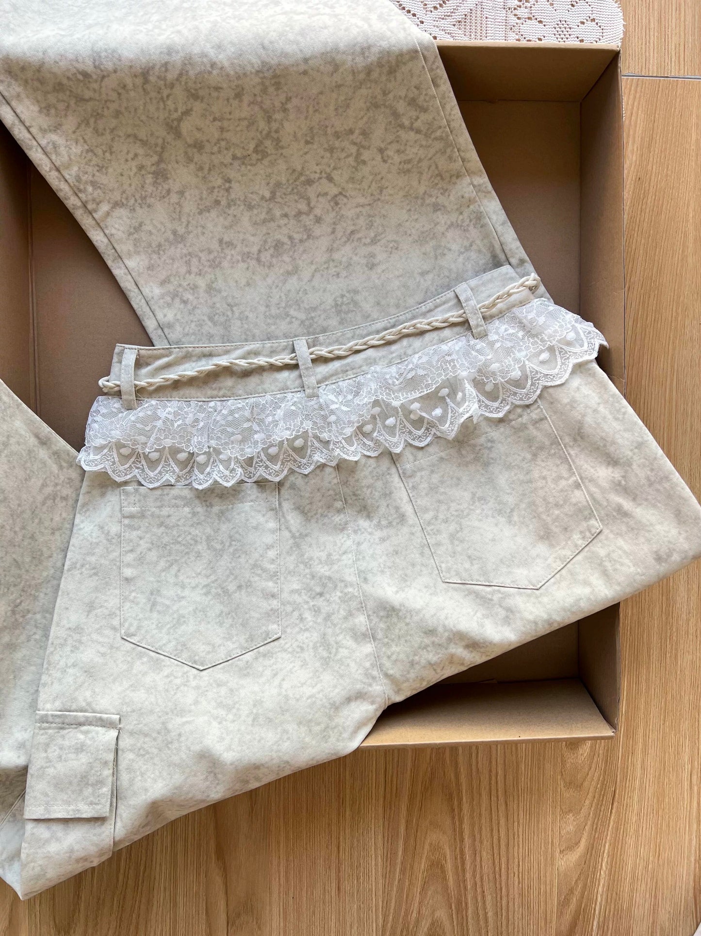 Sexy and versatile! American design lace patchwork jeans for women, spring versatile loose drape wide-leg trousers