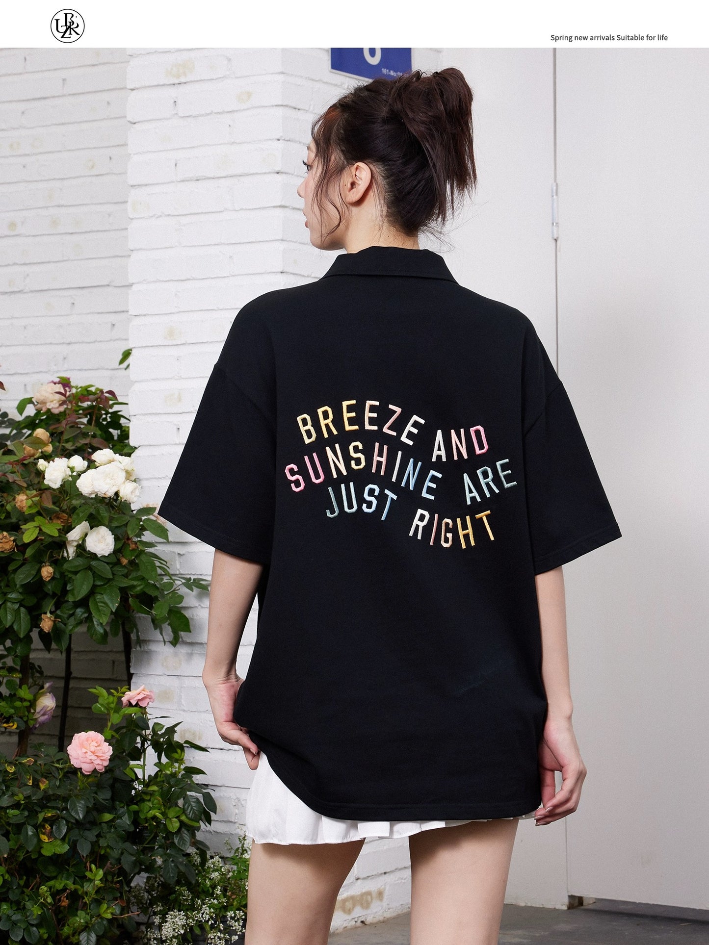 Beikastudios black polo collar T-shirt women's short-sleeved summer new American style heavy embroidery loose pure cotton t trend