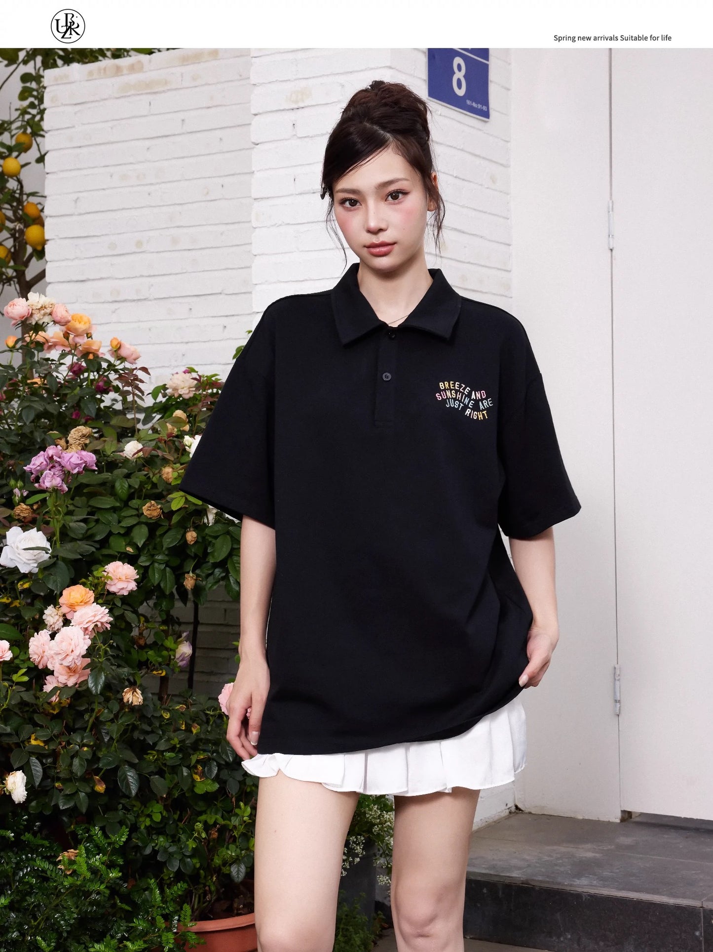 Beikastudios black polo collar T-shirt women's short-sleeved summer new American style heavy embroidery loose pure cotton t trend