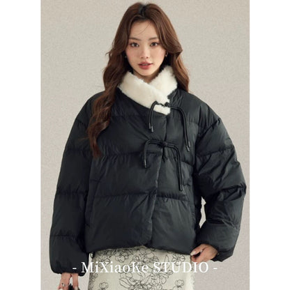 Mi Xiaoke's New Chinese Style Fold-Style Short Down Jacket for Petite Women, Warm Light Yellow Coat, Loose Fit, New Winter Style