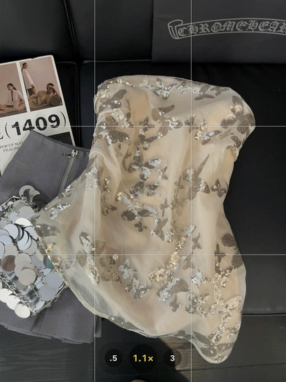 Butterfly sequin embroidered tube top vest for women French lady gentle style summer new high-end one-shoulder top