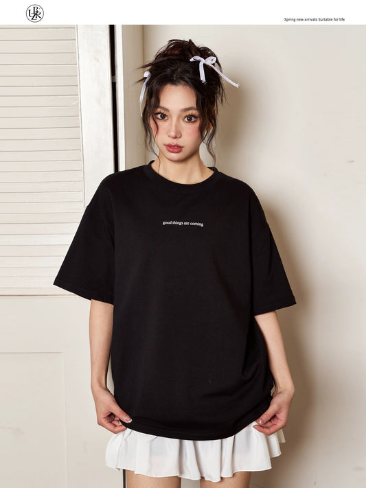 Beikastudios black T-shirt women's short-sleeved summer loose American retro letter print casual cotton half-sleeved t