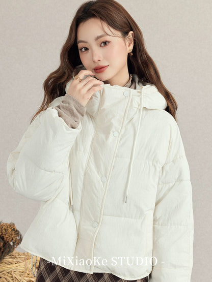 Mi Xiaoke's sweet style white hooded cotton-padded jacket, short winter style, Korean style, thickened puffer jacket, fashionable cotton-padded coat.