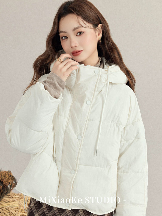 Mi Xiaoke's sweet style white hooded cotton-padded jacket, short winter style, Korean style, thickened puffer jacket, fashionable cotton-padded coat.