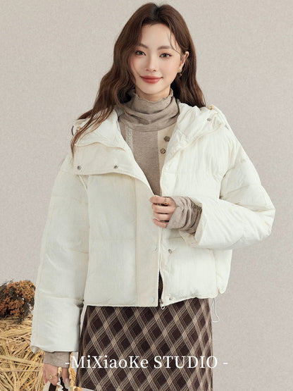Mi Xiaoke's sweet style white hooded cotton-padded jacket, short winter style, Korean style, thickened puffer jacket, fashionable cotton-padded coat.