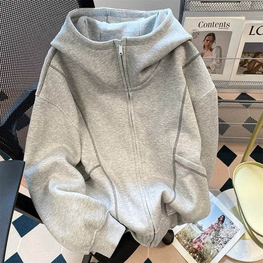 American heavyweight air layer sweatshirt zipper jacket women's autumn couple oversize silhouette hooded cardigan top