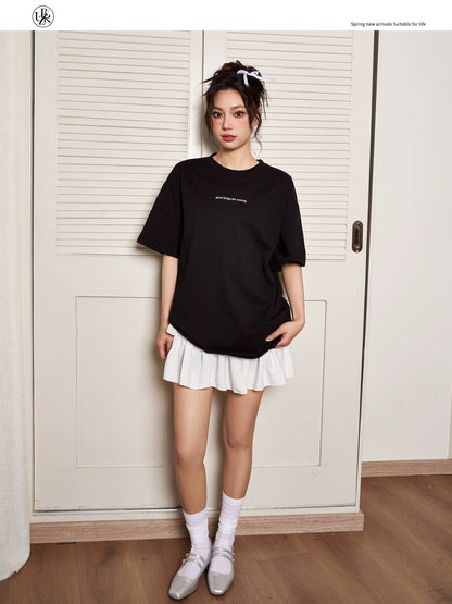 Beikastudios black T-shirt women's short-sleeved summer loose American retro letter print casual cotton half-sleeved t