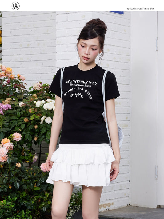 Beikastudios black T-shirt women's right shoulder short-sleeved summer new letter print short casual round neck half-sleeved t