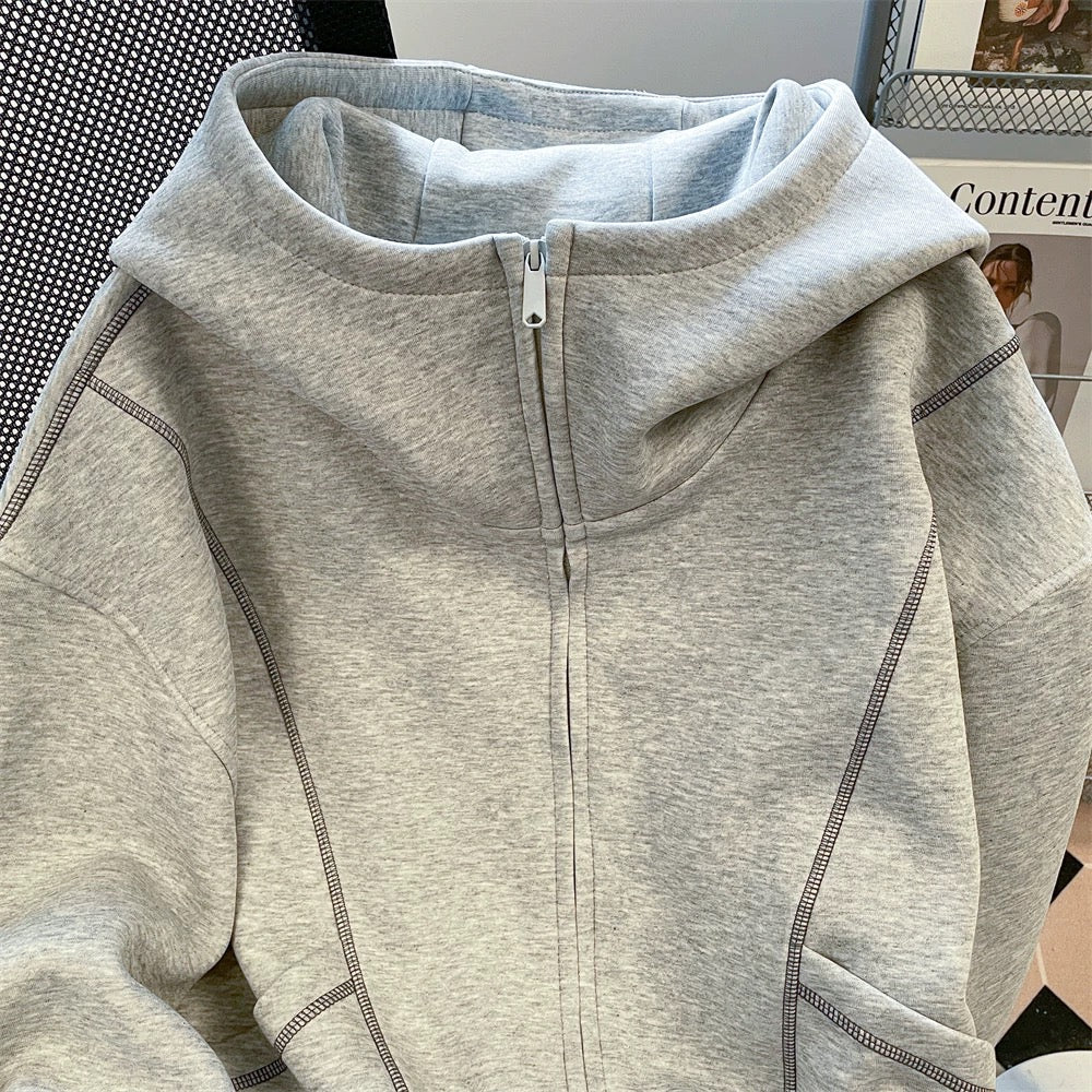 American heavyweight air layer sweatshirt zipper jacket women's autumn couple oversize silhouette hooded cardigan top