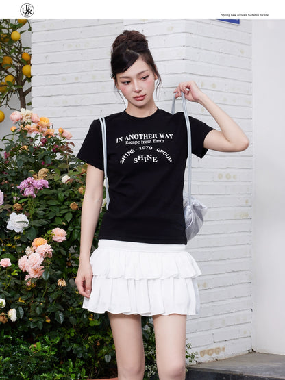 Beikastudios black T-shirt women's right shoulder short-sleeved summer new letter print short casual round neck half-sleeved t
