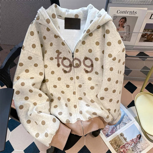 Korean retro oatmeal polka dot sweatshirt jacket women's spring and autumn American lazy chic couple casual hooded cardigan