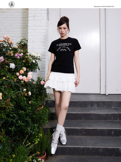 Beikastudios black T-shirt women's right shoulder short-sleeved summer new letter print short casual round neck half-sleeved t