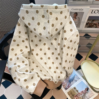 Korean retro oatmeal polka dot sweatshirt jacket women's spring and autumn American lazy chic couple casual hooded cardigan