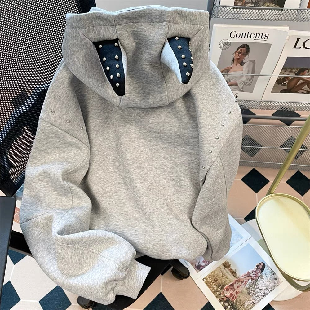 National tide American Doberman rivet hoodie sweatshirt women's spring and autumn Hong Kong style retro hiphop gray jacket top