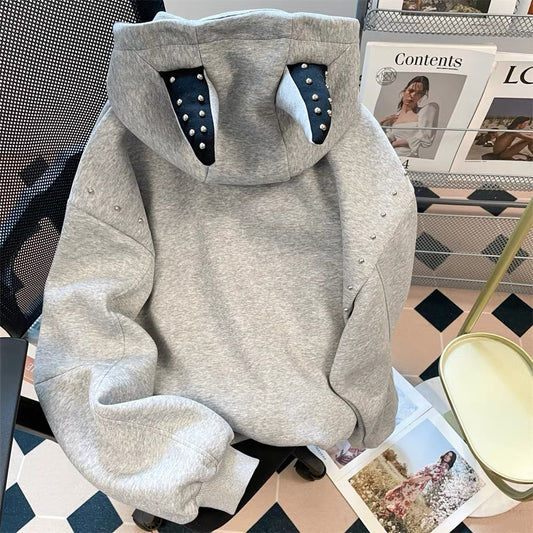National tide American Doberman rivet hoodie sweatshirt women's spring and autumn Hong Kong style retro hiphop gray jacket top
