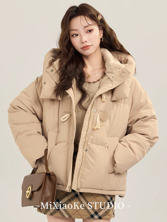 Mi Xiaoke khaki horn button cotton-padded coat, down jacket, women's winter thickened warm hooded puffer jacket