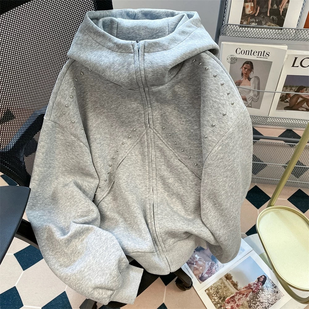 National tide American Doberman rivet hoodie sweatshirt women's spring and autumn Hong Kong style retro hiphop gray jacket top